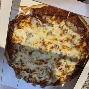 Sausage, pepperoni, and mushroom pizza