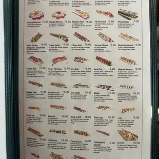 Sushi roll menu 4/28/24