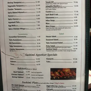 Appetizer &amp; sashimi menu 4/28/24