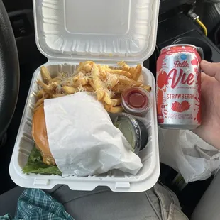 HaHabanero hamburger, garlic fries, and a strawberry sparkling soda.