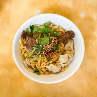 braised duck leg with wontons and egg noodles.