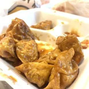 Pan Fried Wontons in Spicy Sauce