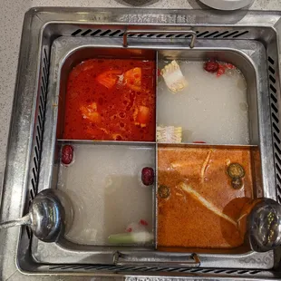 Broths (Clockwise from top-left: Tomato, Pork Bone, Tomyum, Chicken Bone and Pork Stomach)