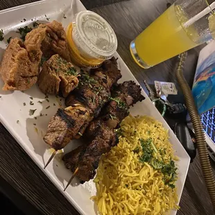 Mango Long Island, Beef Kabob, chicken bites, yellow rice