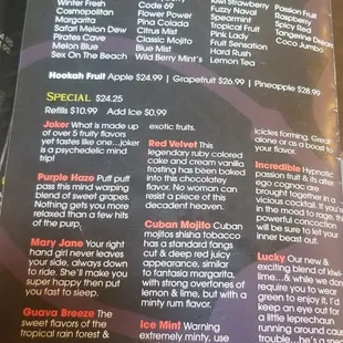 Hookah flavor menu