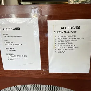 Menu of allergens