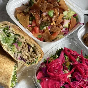 Chicken shawarma combo with fattoush, an order of tabbouli, and free falafel balls.