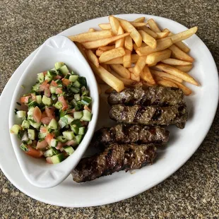 Beef Kebab, cucumber/tomato/parsley salad &amp; fries
