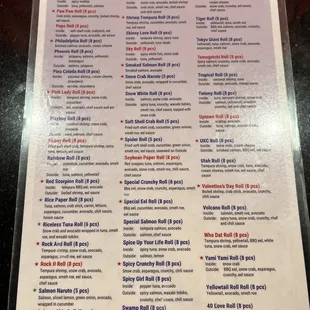 Special Rolls Menu as of 8/28/22