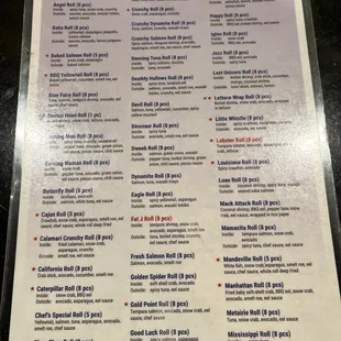 Special Roll Menu Front as of 8/28/22