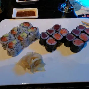 Tuna roll, salmon roll and alaska roll looking super tasty