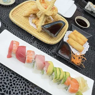 Rainbow roll, Tempura Appetizer, Vegetable Spring Roll, Crunchy Dynamite Roll