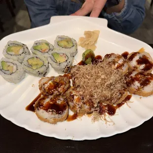 Shrimp Avacado on top, Bourbon Roll on bottom