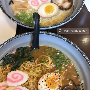 Haiku Original Ramen, Tonkotsu w/ BBQ Pork (top), Spicy Miso w/ Beef