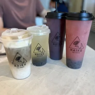 Left to right: Hojicha Eispanner, Chrysanthum Tea, Blueberry Fruit Tea, Strawberry Green Fruit Tea