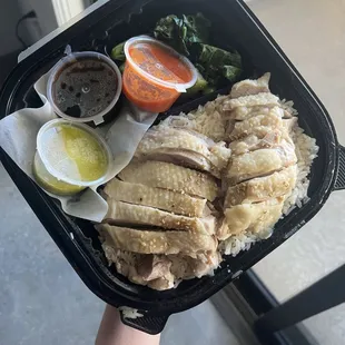 a person holding a tray of food