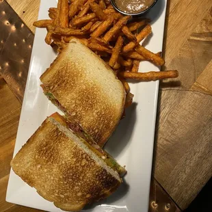 Coastal Sandwich with sweet potato fries! OMG these were sooooo good! That dip