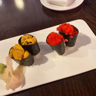 Uni (sea urchin) and flying fish roe sushi