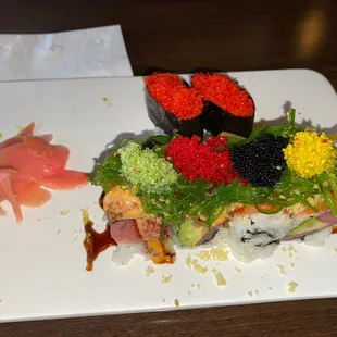 North shore roll and flying fish roe sushi