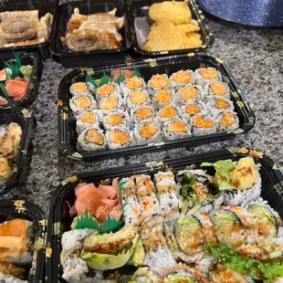 Shrimp tempura rolls, spicy crab rolls, gyoza, sweet potato tempura