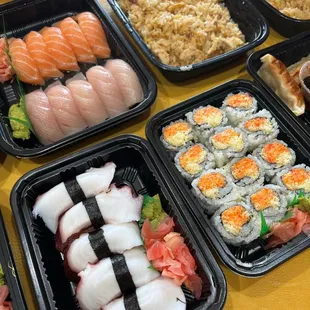 Nigiri, spicy crab rolls, chicken fried rice
