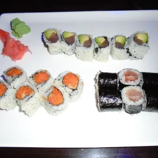 Tuna roll, tuna avocado roll, and spicy tuna roll.