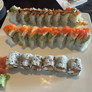 Angel roll, Crunch roll, and Philly roll