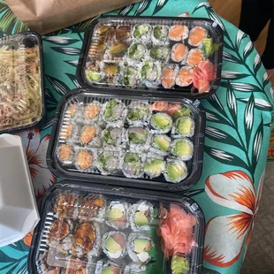 eel &amp; avocado, yellow tail jalapeño x2, and salmon  spicy crab, and avocado  sweet potato roll and Philadelphia roll