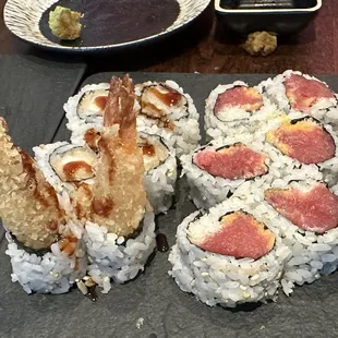 Shrimp Tempura Roll and Spicy Tuna Roll