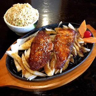 Teriyaki Salmon Dinner with Fried Rice (Soup and Salad Included but Shown Separately)