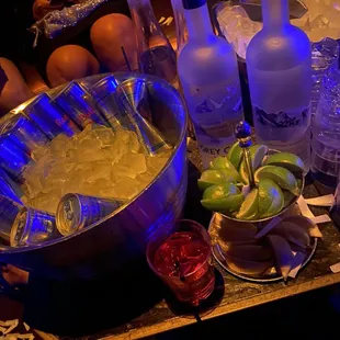 a table full of alcoholic drinks