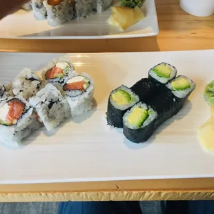 Philadelphia roll (left), and avocado maki (right)