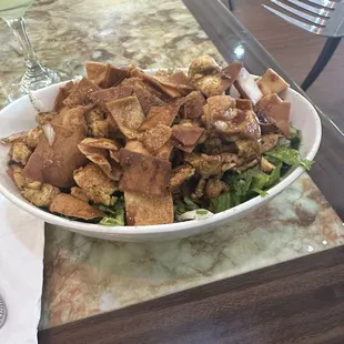 Fattoush salad with chicken shawarma