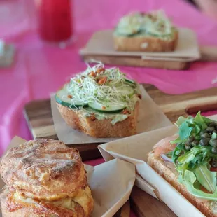 Delicious breakfast biscuit,  green goddess and smoked salmon toasts - a perfect afternoon treat!
