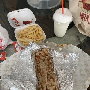 Barbecue Chicken Boti Paratha Roll, french Fries, sweet lassi