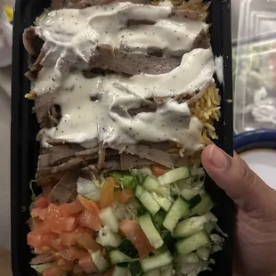Gyro over rice, with Hummus