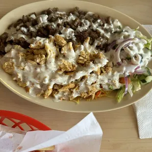 Beef and chicken over rice