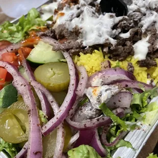 Lamb Shawarma over Rice.. added onions and pickles