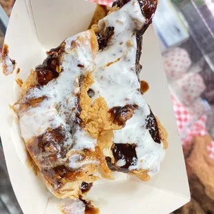 True fresh fried chicken strips with in-house barbecue sauce and in-house ranch!!