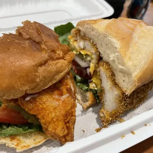 Spicy Chicken sando (left) and Fish Fillet sando (right)