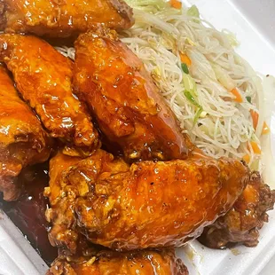 chicken wings and noodles