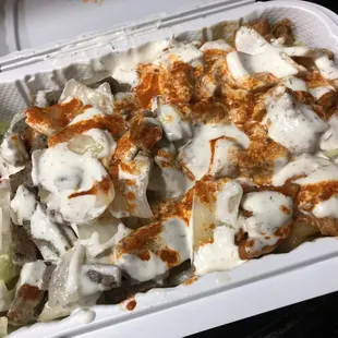 Chicken and lamb mix over rice bowl.