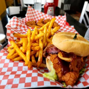 a basket of fries and a sandwich
