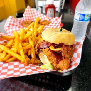 a basket of fries and a sandwich