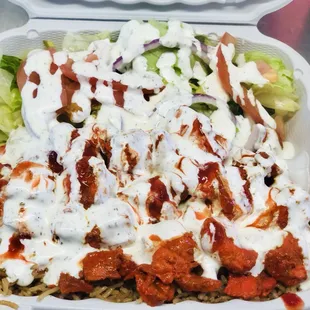 #2. Chicken over Rice drizzled with all three sauces (Tzatziki, hot and chilli).