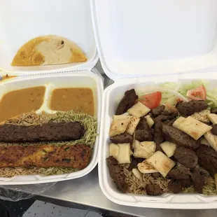 (Left) Kabob platter with beans at the top (Right) Lamb gyro platter