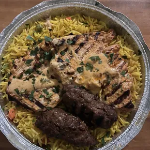 Grilled Chicken Kebab Platter with two pieces of beef