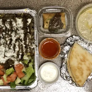 Gyro Over Rice Plate, Pita Bread, Baba Ghanouj, Baklava, White Sauce, Red Sauce