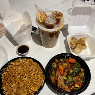 Chicken lo mein, hot and sour soup, hunan beef, chicken dumplings