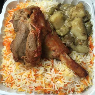 Giant leg of lamb on an enormous bed of rice with a side of veggies. Enough food for 2-3 meals for an extremely reasonable price.